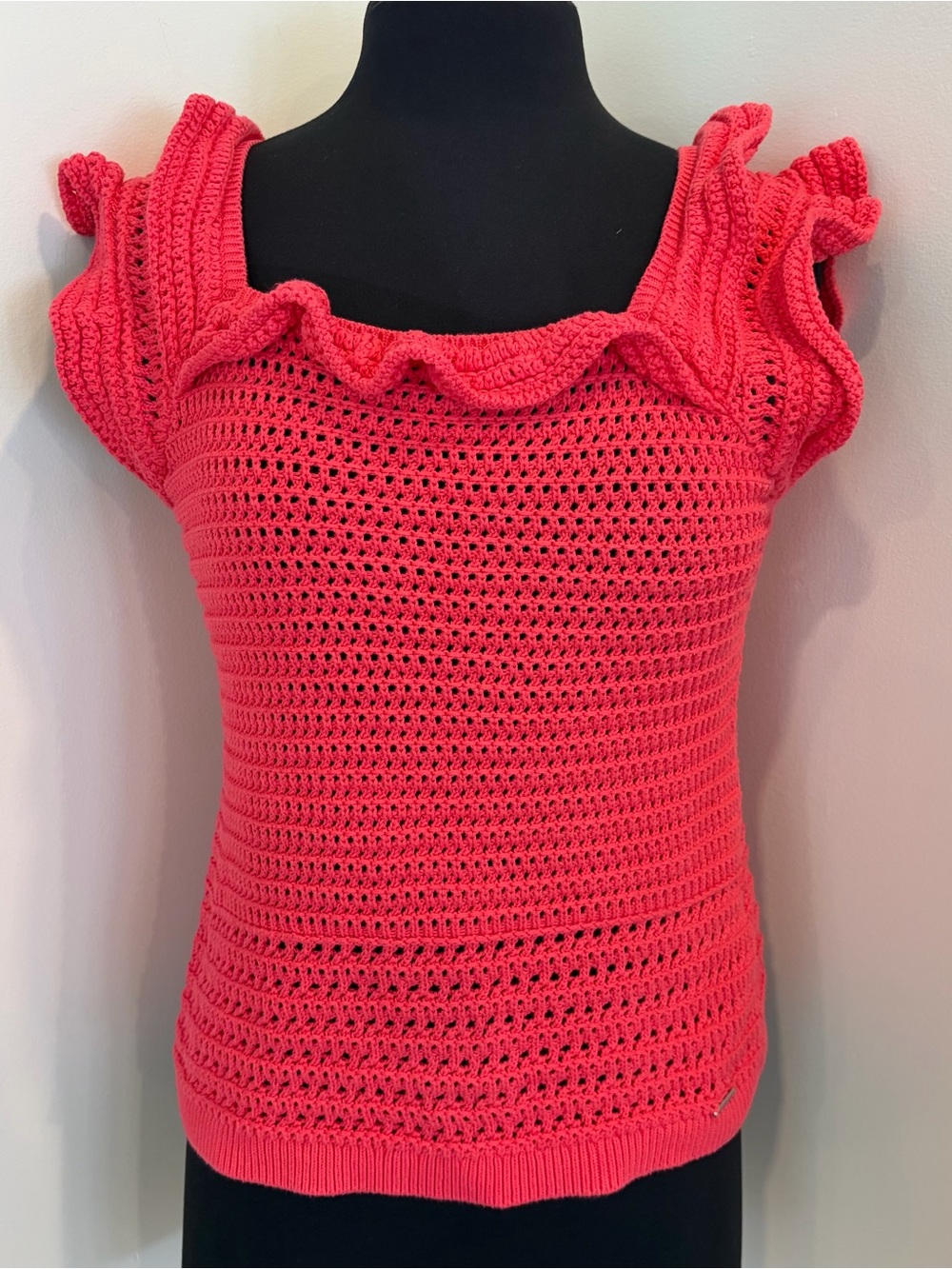 Nautica pink Crochet Ruffle Sleeve cotton Knit Top medium
